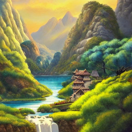 Ghibli style of painting with far away mountain and a small village below the mountain and a little river outside the village and a little park and great oak tree in the middle of village, HD, Full color, Oil Painting, Detail, Smooth, Fine, 4K