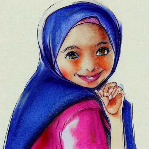  hijab, smiling young girl, school, Water Color, Pencil Sketch