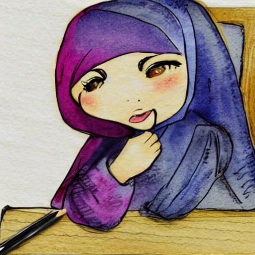  hijab, cute young girl,board and tables in  classroom school, Water Color, book, Pencil Sketch