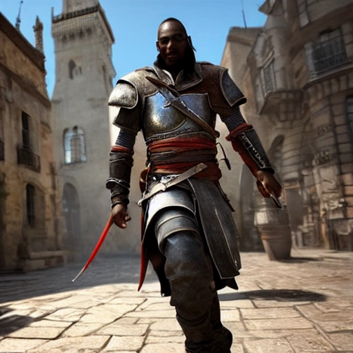 3D RPG Wide angle shot, full-body image of a French Knight who looks like Omar Sy, masterpiece, Ultra Detailed, Hyper-realistic, white background, character concept art by Assassin's Creed.