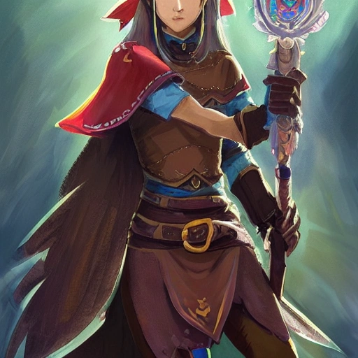 {{{long haired mage woman in ancient leather armor}}}, 1girl, holding a spell book in her hand, {in style of the legend of zelda breath of the wild character art work}, waist up portrait, digital water colors, sharp focus, face focus, detailed face and eyes, solid color background, masterpiece, artstation