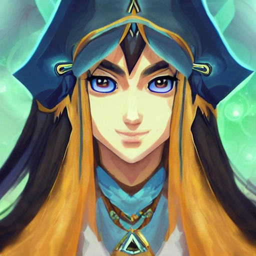 {{{long haired mage woman in ancient robe}}}, 1girl, magic, casting a spell, wearing jewerlry and necklace, {in style of the legend of zelda breath of the wild character art work}, waist up portrait, digital water colors, sharp focus, face focus, detailed face and eyes, solid color background, masterpiece, artstation