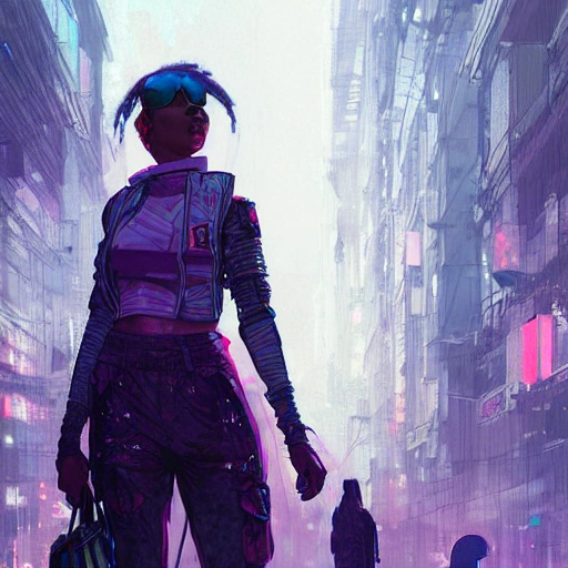 a beautiful portrait of urban cyberpunk woman by greg rutkowski and wlop, purple blue red color scheme, street fashion, high key lighting, digital art, highly detailed, fine detail, intricate, ornate, complex 