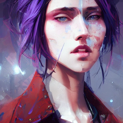 a beautiful portrait of urban cyberpunk woman by greg rutkowski and wlop, purple blue red color scheme, street fashion, high key lighting, face focus, detailed face, digital art, highly detailed, fine detail, intricate, ornate, complex 