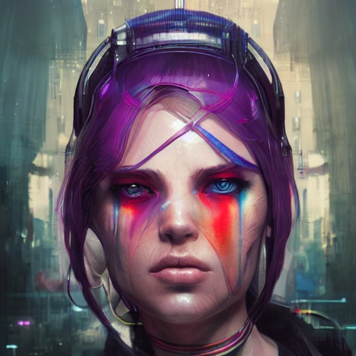 a beautiful portrait of urban cyberpunk woman by greg rutkowski and wlop, purple blue red color scheme, street fashion, high key lighting, face focus, detailed face, digital art, highly detailed, fine detail, intricate, ornate, complex 