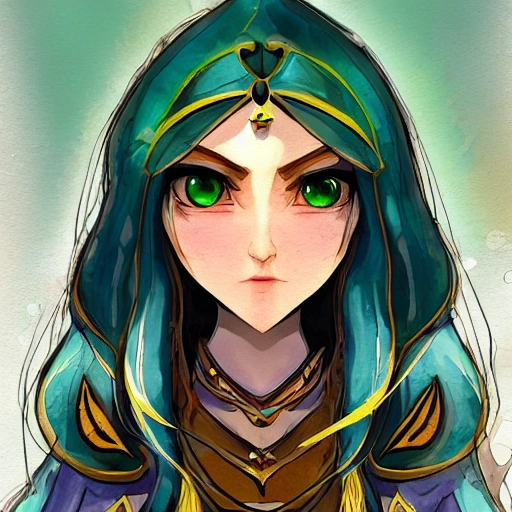 {{{long haired mage woman in ancient robe}}}, 1girl, magic,  wearing jewerlry and necklace, {{in style of the legend of zelda breath of the wild character art work}}, waist up portrait, digital water colors, {sharp focus}, face focus, detailed face and eyes, solid color background, masterpiece, artstation