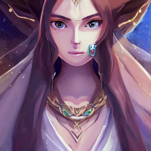{{{long haired mage woman in ancient robe}}}, 1girl, magic,  wearing jewerlry and necklace, {{in style of the legend of zelda breath of the wild character art work}}, waist up portrait, digital water colors, sharp focus, face focus, detailed face and eyes, simple solid color background, masterpiece, artstation
