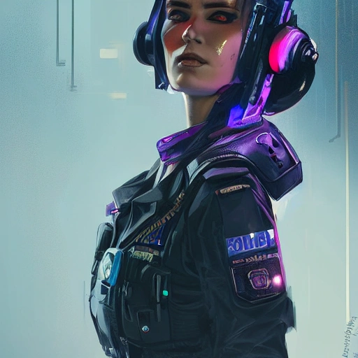 a beautiful portrait of cyberpunk police woman by greg rutkowski and wlop, black purple blue red color scheme, street fashion, high key lighting, face focus, detailed face, digital art, highly detailed, fine detail, intricate, ornate, complex 