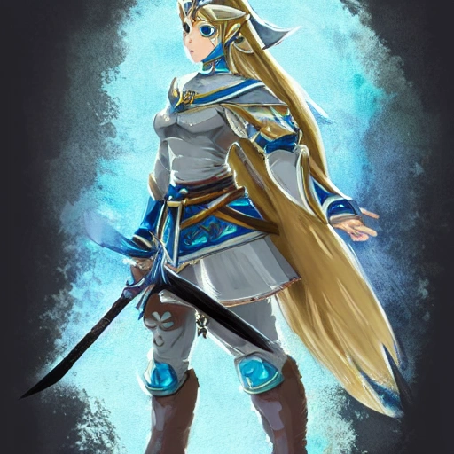 {{{long haired female knight in light ancient armor}}}, 1girl, holding a sword, {{in style of the legend of zelda breath of the wild character art work}}, waist up portrait, digital water colors, sharp focus, face focus, detailed face and eyes, simple solid color background, masterpiece, artstation