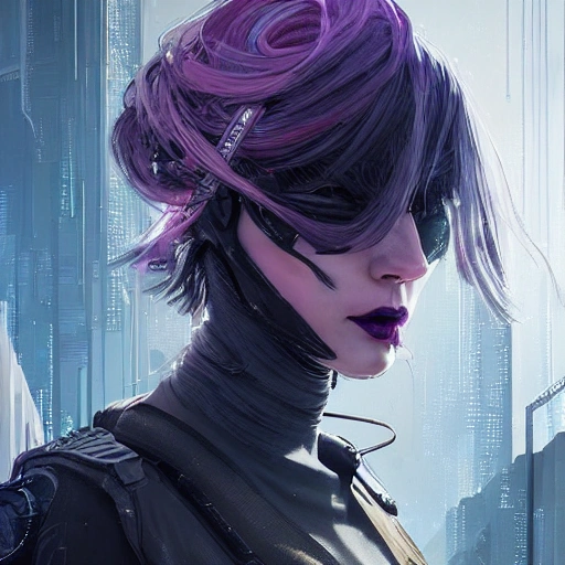 {{{a beautiful portrait of cyberpunk police woman by greg rutkowski and wlop}}}, black purple blue red color scheme, {visible hair with no headgear}, {street fashion and tactical gear}, high key lighting, detailed face, face focus, digital art, highly detailed, fine detail, intricate, ornate, complex 