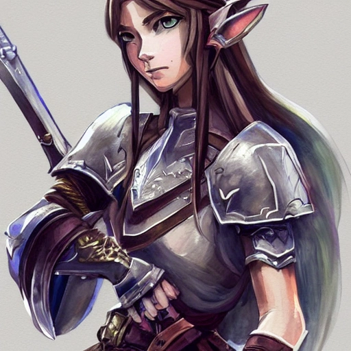 {{{long haired female human knight in dark steel armor}}}, 1girl, holding a sword, {{in style of the legend of zelda breath of the wild character art work}}, waist up portrait, digital water colors, sharp focus, face focus, detailed face and eyes, simple solid color background, masterpiece, artstation