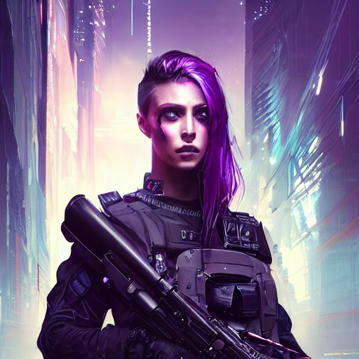 {{{a beautiful portrait of cyberpunk police woman by greg rutkowski and wlop}}}, black purple blue red color scheme, {visible hair with no headgear}, {street fashion and tactical gear}, high key lighting, detailed face, face focus, digital art, highly detailed, fine detail, intricate, complex 