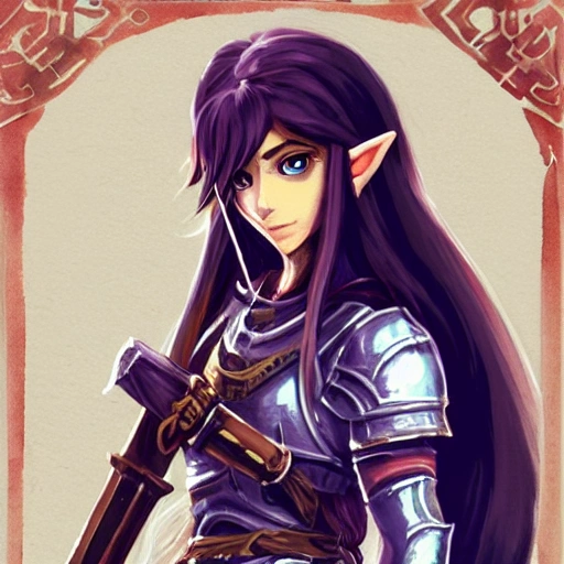 {{{long haired female knight in dark steel armor}}}, 1girl, holding a sword, {{in style of the legend of zelda breath of the wild character art work}}, {color scheme dark red black brown purple} waist up portrait, digital water colors, sharp focus, face focus, detailed face and eyes, simple solid color background, masterpiece, artstation