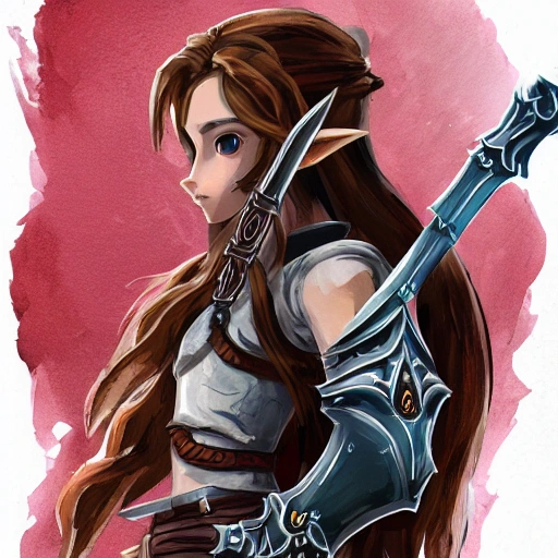 {{{long haired female knight in dark steel armor}}}, 1girl, holding a sword, {{in style of the legend of zelda breath of the wild character art work}}, {dark red black brown color scheme} waist up portrait, digital water colors, sharp focus, face focus, detailed face and eyes, simple solid color background, masterpiece, artstation