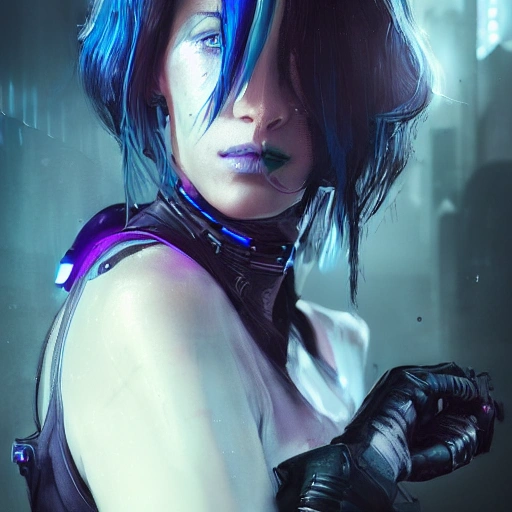 {{{a beautiful portrait of cyberpunk woman by greg rutkowski and wlop}}}, black purple blue red color scheme, {visible hair and eyes with no headgear}, {street fashion and motorcycle gear}, high key lighting, detailed face, face focus, detailed ayes, digital art, highly detailed, fine detail, intricate, complex 