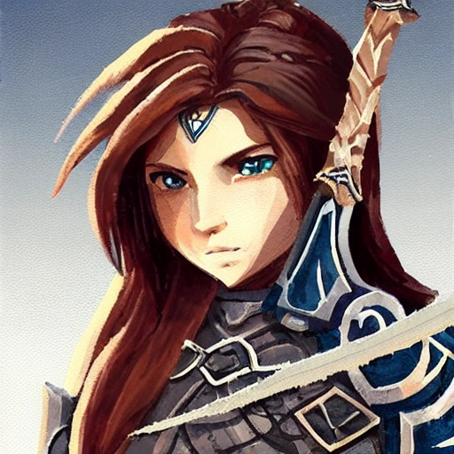 {{{long haired dark fantasy female knight in ancient leather armor}}}, 1girl, holding a sword, {{in style of the legend of zelda breath of the wild character art work}}, {dark red black brown color scheme} waist up portrait, digital water colors, sharp focus, face focus, detailed face and eyes, simple solid color background, masterpiece, artstation