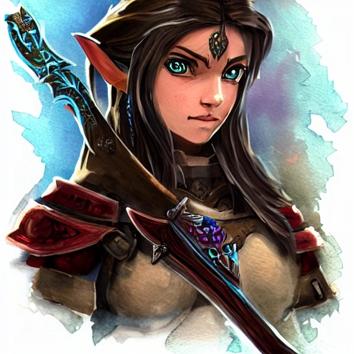 {{{long haired dark fantasy female warrior in ancient leather armor}}}, 1girl, holding a sword, {{in style of the legend of zelda breath of the wild character art work}}, {dark red and black color scheme} waist up portrait, digital water colors, sharp focus, face focus, detailed face and eyes, simple solid color background, masterpiece, artstation