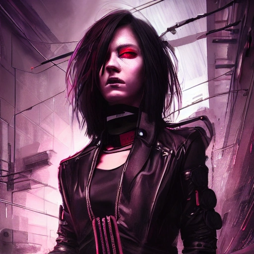 {{{a beautiful portrait of cyberpunk woman by greg rutkowski and wlop}}}, black purple red color scheme, {visible hair and eyes with no headgear}, {street fashion and leather outfit}, high key lighting, detailed face, face focus, detailed ayes, digital art, highly detailed, fine detail, intricate, complex 