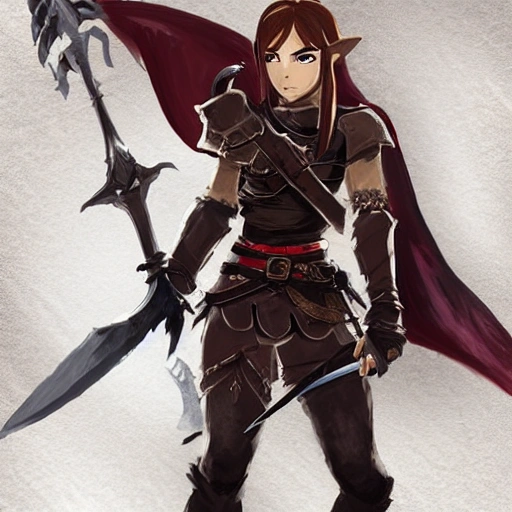 {{{long haired dark fantasy female warrior in ancient leather armor}}}, 1girl, holding a sword, {{in style of the legend of zelda breath of the wild character art work}}, {dark red and black color scheme}, strong and curvy body, waist up portrait, digital water colors, sharp focus, face focus, detailed face and eyes, simple solid color background, masterpiece, artstation