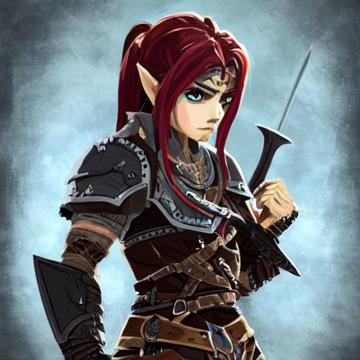 {{{long haired dark fantasy female warrior in ancient leather armor}}}, 1girl, holding a sword, {{in style of the legend of zelda breath of the wild character art work}}, {dark red and black color scheme}, strong and curvy body, waist up portrait, digital water colors, sharp focus, face focus, detailed face and eyes, simple solid color background, masterpiece, artstation