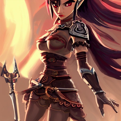 {{{lponytail hair dark fantasy female warrior in ancient leather armor}}}, 1girl, {{in style of the legend of zelda breath of the wild character art work}}, {dark red and black color scheme}, strong and curvy body, waist up portrait, digital water colors, sharp focus, face focus, detailed face and eyes, simple solid color background, masterpiece, artstation