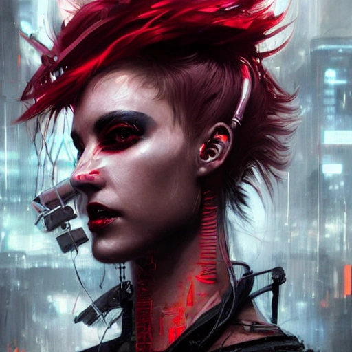 {{{a beautiful portrait of cyberpunk woman by greg rutkowski and wlop}}}, black and red color scheme, {visible hair and eyes with no headgear}, {street fashion and leather outfit}, high key lighting, detailed face, face focus, detailed ayes, digital art, highly detailed, fine detail, intricate, complex 