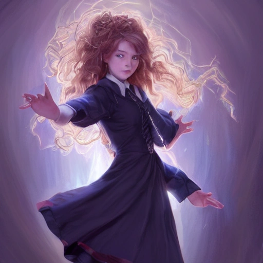 realistic portrait of a innocent young teen girl, d&d magic fantasy, dark magical school student uniform, light curly hair, casting a bright large-scale magical spell around herself, overflowing energy, highly detailed, digital painting, trending on artstation, pixiv, concept art, sharp focus, illustration, art by Ross Tran and Greg Rutkowski and Walt Disney animation