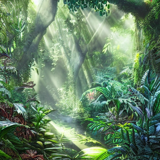 Digital illustration, detailed and intricate, of a dense jungle filled with exotic plants and animals, the sunlight filtering through the canopy creating a dappled effect. In the style of Yoshitaka Amano and Hayao Miyazaki, masterpiece, proportional, detailed, trending on artstation, beautiful lighting, realistic, intricate, award winning, 4k, highest quality