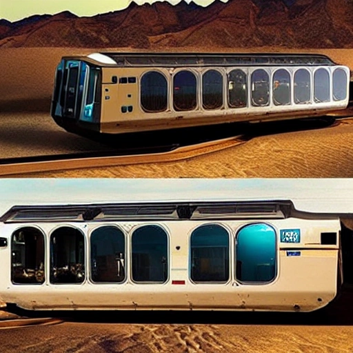 futuristic train with solar panels in a desert, solar punk