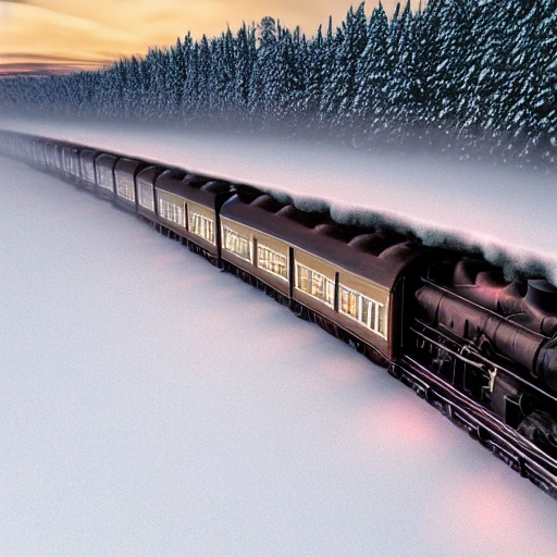 steam train driving through the snow, the polar express, scenic landscape, stunning environment, dusk, ultra detailed, octane render, ultra detail, intricate detail, volumetric lighting, vivid colours, photorealistic, photography, lifelike, high resolution, digital art, ultra wide angle lens, aerial view, elevated view, wallpaper --ar 3:2 --v 4