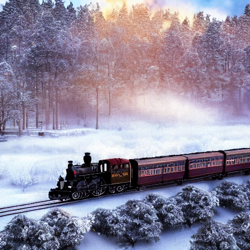 steam train driving through the snow, the polar express, scenic landscape, stunning environment, dusk, ultra detailed, octane render, ultra detail, intricate detail, volumetric lighting, vivid colours, photorealistic, photography, lifelike, high resolution, digital art, ultra wide angle lens, aerial view, elevated view, wallpaper --ar 3:2 --v 4