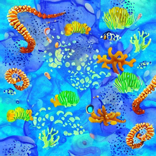 octupus swimming through underwater world, deep blue ocean, coralles, small fishes, Water Color