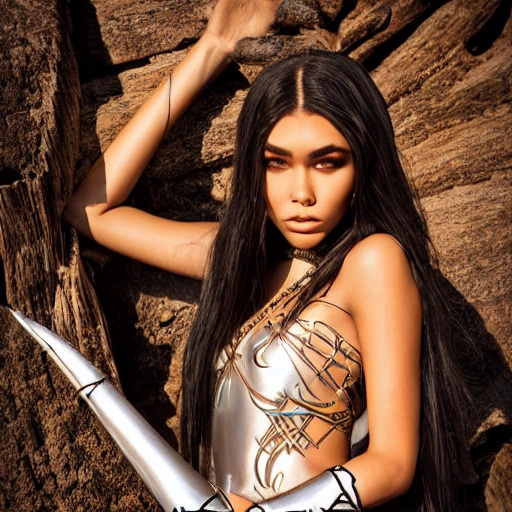 mdjrny-v4 style portrait photograph of Madison Beer as Pocahontas, young beautiful norse woman, perfect symmetrical face, transparent latex dress, (((wild west))) environment, Utah landscape, ultra realistic, concept art, elegant, ((intricate)), ((highly detailed)), depth of field, ((professionally color graded)), , 3D, Pencil Sketch