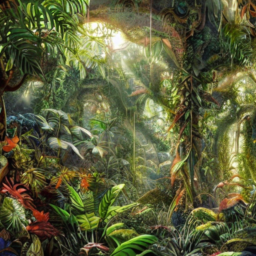 Digital illustration, detailed and intricate, of a dense jungle filled with exotic plants and animals, the sunlight filtering through the canopy creating a dappled effect. In the style of Yoshitaka Amano and Hayao Miyazaki, masterpiece, proportional, detailed, trending on artstation, beautiful lighting, realistic, intricate, award winning, 4k, highest quality