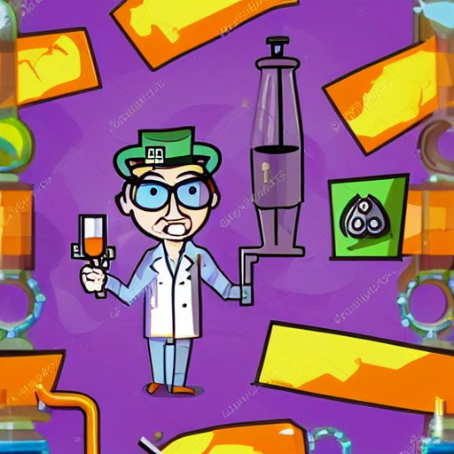 crazy chemist scientist in steampunk glasses with two multicolored flasks in his hands on a purple background, Cartoon