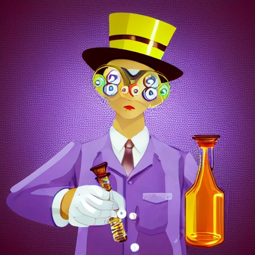 crazy chemist scientist in steampunk glasses with two multicolored flasks in his hands on a purple background
