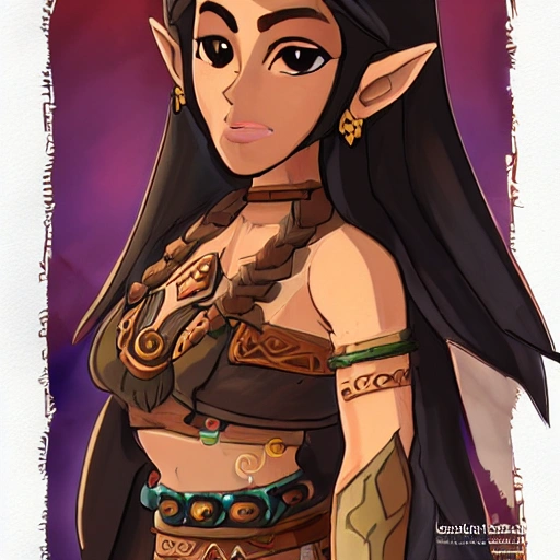 {{{llong haired dark skinned female gerudo mage in ancient leather clothing}}, 1girl, {{in style of the legend of zelda breath of the wild character art work}}, {dark color scheme}, strong and busty body, waist up portrait, digital water colors, sharp focus, face focus, detailed face and eyes, simple solid color background, masterpiece, artstation