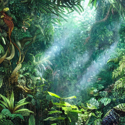 Digital illustration, detailed and intricate, of a dense jungle filled with exotic plants and animals, the sunlight filtering through the canopy creating a dappled effect. In the style of Yoshitaka Amano and Hayao Miyazaki, masterpiece, proportional, detailed, trending on artstation, beautiful lighting, realistic, intricate, award winning, 4k, highest quality, Pencil Sketch
