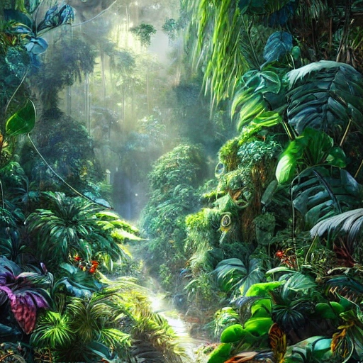 Digital illustration, detailed and intricate, of a dense jungle filled with exotic plants and animals, the sunlight filtering through the canopy creating a dappled effect. In the style of Yoshitaka Amano and Hayao Miyazaki, masterpiece, proportional, detailed, trending on artstation, beautiful lighting, realistic, intricate, award winning, 4k, highest quality, Pencil Sketch, 3D