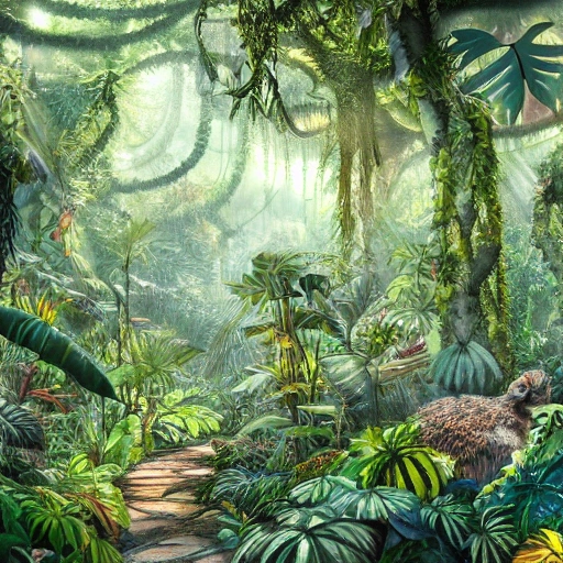 Digital illustration, detailed and intricate, of a dense jungle filled with exotic plants and animals, the sunlight filtering through the canopy creating a dappled effect. In the style of Yoshitaka Amano and Hayao Miyazaki, masterpiece, proportional, detailed, trending on artstation, beautiful lighting, realistic, intricate, award winning, 4k, highest quality, Trippy