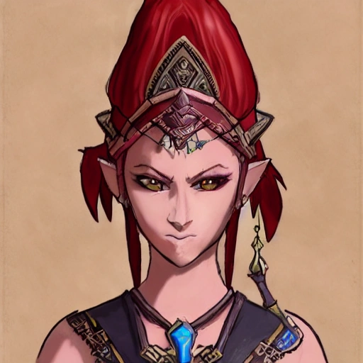 {{{red haired dark skinned female gerudo mage in ancient leather clothing}}, 1girl, {{in style of the legend of zelda breath of the wild character art work}}, {dark color scheme}, strong and busty body, waist up portrait, digital water colors, sharp focus, face focus, detailed face and eyes, simple solid color background, masterpiece, artstation
