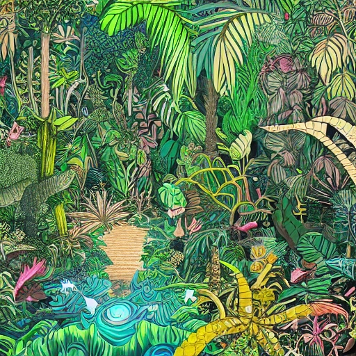 Digital illustration, detailed and intricate, of a dense jungle filled with exotic plants and animals
 Trippy