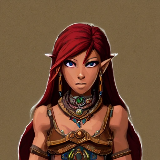 {{{red haired dark skinned female gerudo mage in ancient leather clothing}}, 1girl, {{in style of the legend of zelda breath of the wild character art work}}, {dark color scheme}, muscular strong body, large breasts, waist up portrait, digital water colors, sharp focus, face focus, detailed face and eyes, simple solid color background, masterpiece, artstation