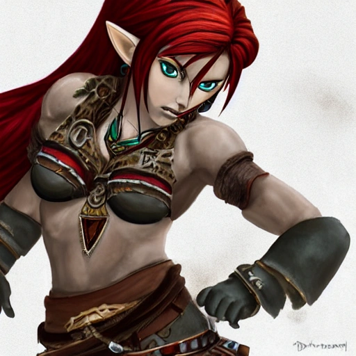 {{{red haired dark skinned female gerudo warrior in ancient leather clothing}}, 1girl, {{in style of the legend of zelda breath of the wild character art work}}, {dark color scheme}, muscular strong body, large breasts, waist up portrait, digital water colors, sharp focus, face focus, detailed face and eyes, simple solid color background, masterpiece, artstation