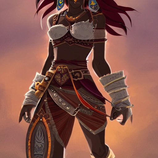 {{{red haired dark skinned female gerudo warrior in ancient leather clothing}}, 1girl, {{in style of the legend of zelda breath of the wild character art work}}, {dark color scheme}, muscular strong body, large breasts, waist up portrait, digital water colors, sharp focus, face focus, detailed face and eyes, simple solid color background, masterpiece, artstation