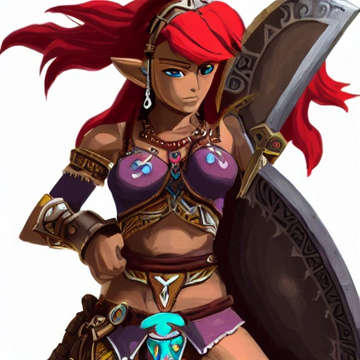 {{{red haired dark skinned female gerudo warrior in ancient heavy armor}}, 1girl, {{in style of the legend of zelda breath of the wild character art work}}, {dark color scheme}, muscular strong body, large breasts, waist up portrait, digital water colors, sharp focus, face focus, detailed face and eyes, simple solid color background, masterpiece, artstation