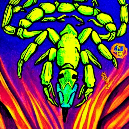 , Trippy scorpion high detailed as a human,  reflecting the darkness power together the carefully humanity 