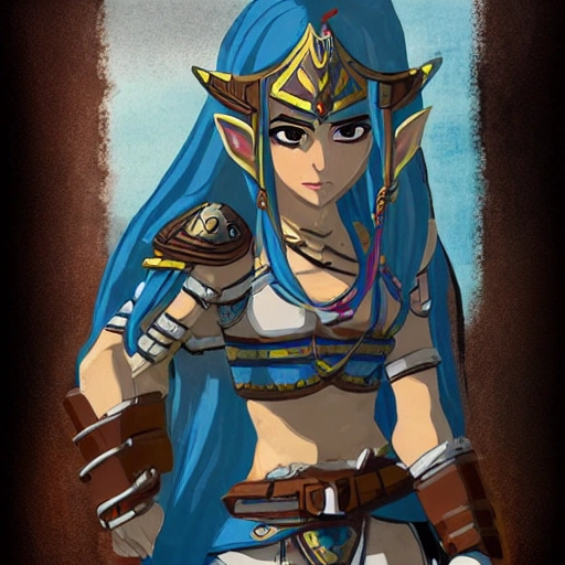 {{{long haired female sheikah sheik warrior in ancient heavy armor}}, 1girl, {{in style of the legend of zelda breath of the wild character art work}}, {dark color scheme}, muscular strong body, large breasts, waist up portrait, digital water colors, sharp focus, face focus, detailed face and eyes, simple solid color background, masterpiece, artstation