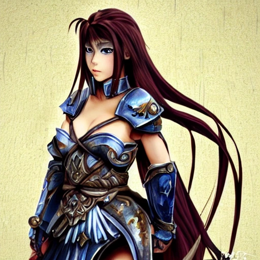 {{{long haired female warrior princess in ancient armor}}, 1girl, {{in anime style of mika pikazo}, {dark color scheme}, muscular strong body, large breasts, waist up portrait, digital water colors, sharp focus, face focus, detailed face and eyes, simple solid color background, masterpiece, artstation