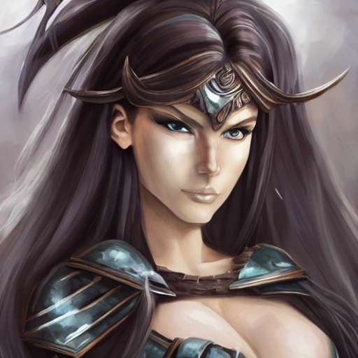 {{{long haired female warrior princess in ancient armor}}, 1girl, {{in style of mika pikazo}, {dark color scheme}, strong body, large breasts, anime, waist up portrait, digital water colors, sharp focus, face focus, detailed face and eyes, simple solid color background, masterpiece, artstation